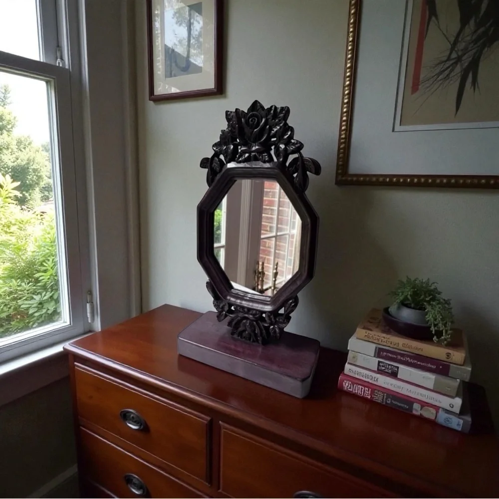 Antique hand carved vanity mirror Floral frame walnut wood frame